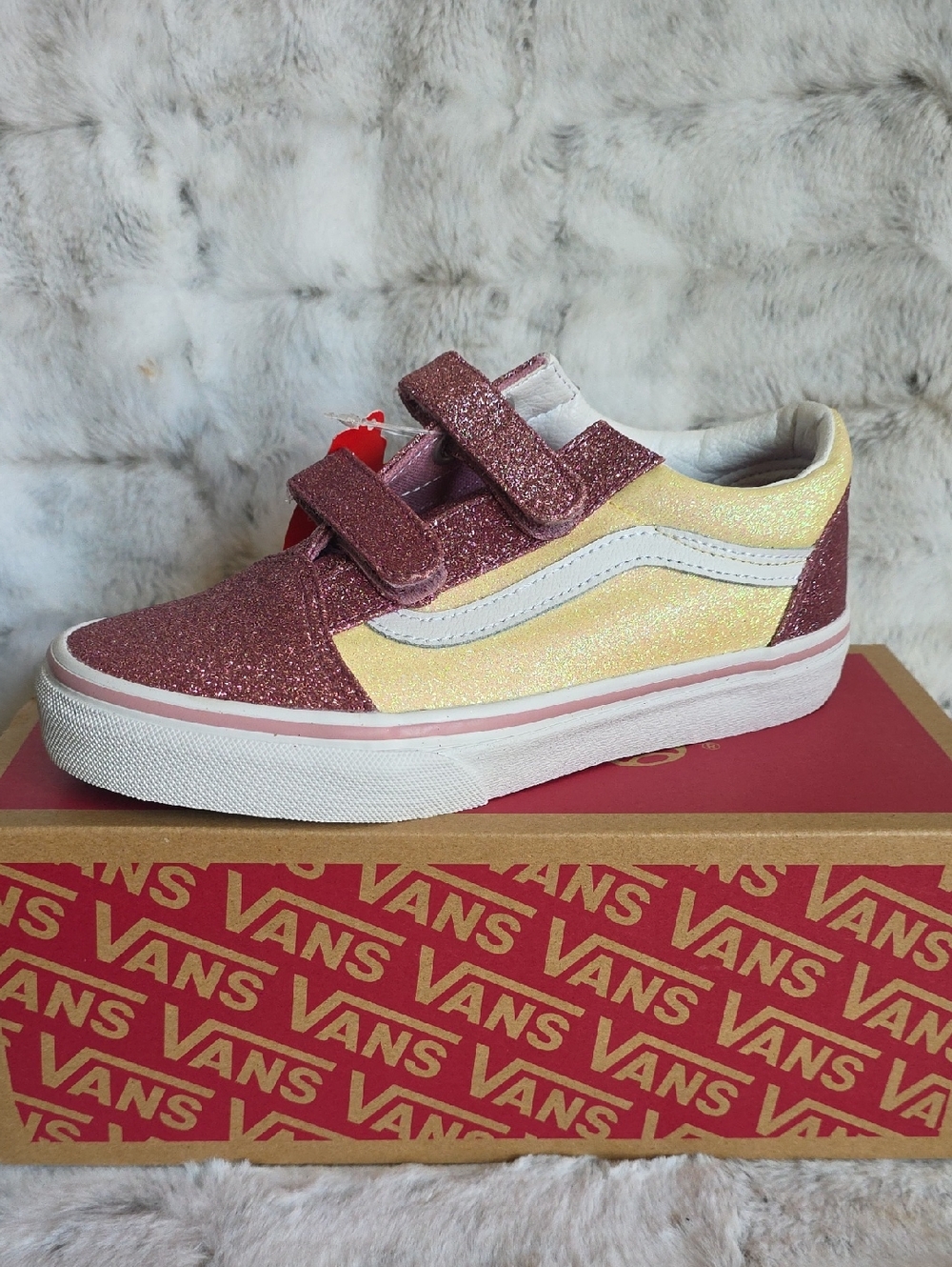 Vans Kids Glitter Velcro Sneakers in Pink and Yellow Shimmer